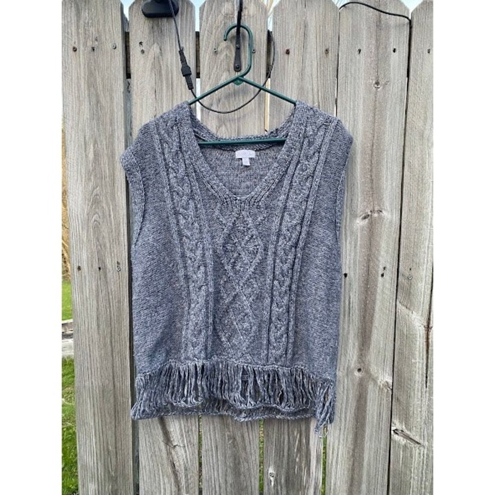Olivia Sky Grey Cable Knit Fringe Hem V-Neck Sweater Vest Womens Large L